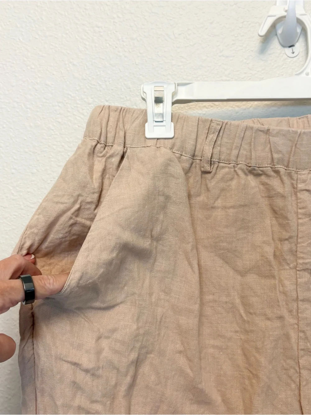 Quince 100% European Linen Pants Driftwood Stretch Elastic Waist Size L Pockets